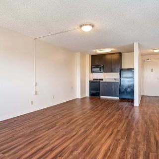 A spacious and modern apartment interior featuring wood flooring and an adjoining kitchen.