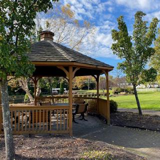A charming wooden gazebo surrounded by greenery and a clear blue sky.