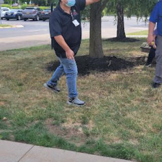A man wearing a mask is walking on the grass near a tree.