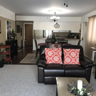 A cozy open-plan living room and kitchen with decorative pillows and comfortable seating.