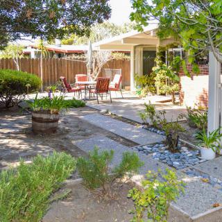 A sunny backyard garden with a patio and seating area surrounded by lush greenery.