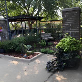 A peaceful park scene with a bench, surrounded by greenery and trees.