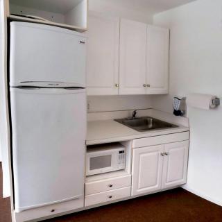 A compact kitchen setup with a white refrigerator, microwave, sink, and cabinets.