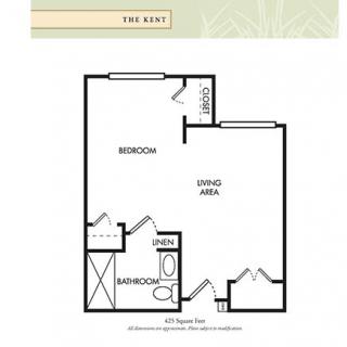 A floor plan of a one-bedroom apartment featuring a living area, kitchen, and bathroom.