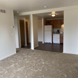 An empty apartment with a living room and kitchen area, featuring carpet and wood flooring.