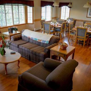 A cozy living room and dining area with sofas, chairs, and tables on a hardwood floor.