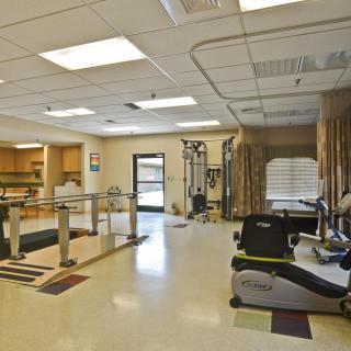A rehabilitation gym equipped with exercise machines and therapy stations.