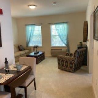 A cozy living room and dining area with comfortable seating, a coffee table, and a dining setup by the window.