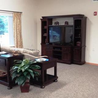 A cozy living room featuring a large entertainment center with a television, a comfortable couch, and a coffee table with a decorative plant.