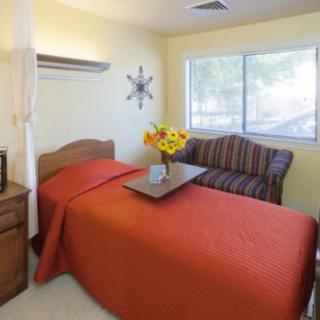 A cozy bedroom with a single bed covered in an orange bedspread, featuring a flower arrangement on a tray, next to a striped sofa and sunlit window.