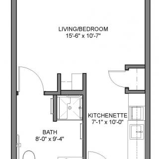 Studio apartment floor plan with kitchenette and bath.