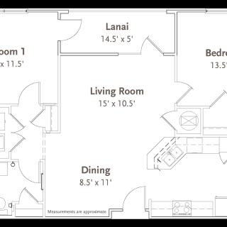 A detailed floor plan of an apartment showing the layout of rooms including the living room, dining area, kitchen, two bedrooms, and a lanai.