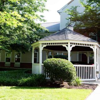 A charming white gazebo surrounded by lush greenery in a garden setting.