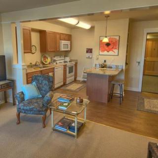 A cozy open-floor living space with a small kitchen and seating area.