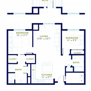A blueprint showing a house layout with labeled rooms.