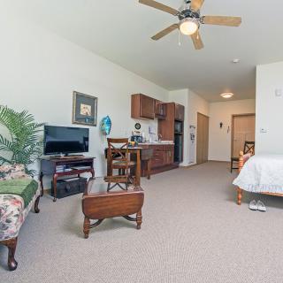 A cozy living area with a kitchenette, featuring a sofa, TV, table, and ceiling fan.