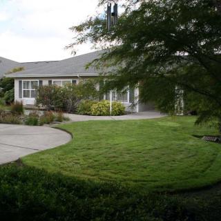 A suburban house with a well-maintained lawn and a curved driveway.