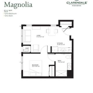 Magnolia apartment floor plan featuring one bedroom and one bath.