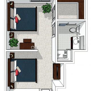A floor plan depicting an apartment layout with two bedrooms, a bathroom, and furniture arrangement.