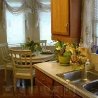 A cozy kitchen with a dining area featuring a table and chairs, cabinets, indoor plants, and a sink.
