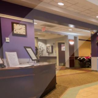 Reception area with a desk and purple accent walls.