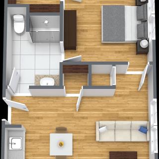 A 3D floor plan of a modern one-bedroom apartment featuring a living room, kitchen, bathroom, and bedroom.