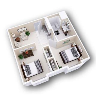 3D floor plan of a two-bedroom apartment.
