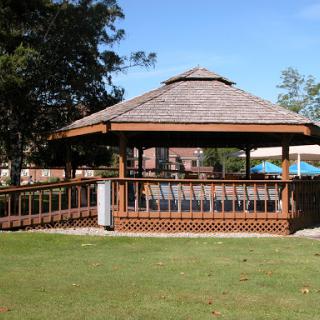 A serene wooden gazebo surrounded by lush greenery, perfect for outdoor relaxation.