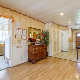 A warmly decorated hallway featuring wood flooring, a chest of drawers, and decorative plants.