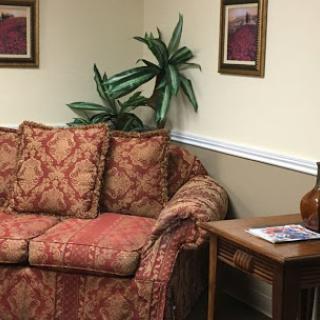 A cozy living room setting featuring a patterned couch, decorative plant, and wooden side table.