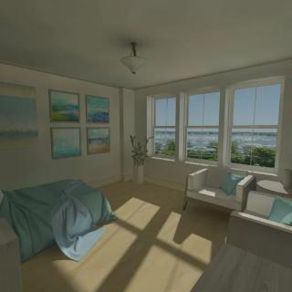 A sunlit living room with a coastal theme, featuring large windows and ocean views.