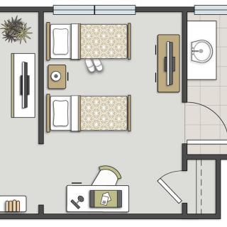 A floor plan showcasing a bedroom with twin beds and a modern interior layout.