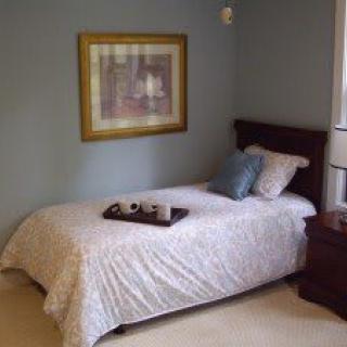A cozy bedroom with a single bed, adorned with pillows and a decorative tray, featuring a framed painting on the wall.