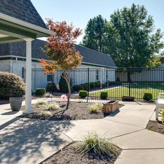 A well-maintained backyard featuring a landscaped garden with a tree, shrubs, and a spacious lawn.