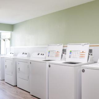 A clean and organized laundry room with multiple washing machines and dryers.