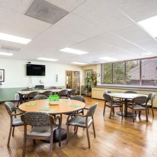 A spacious dining area with round tables, chairs, and large windows allowing natural light in.