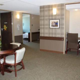 A modern lobby area with comfortable seating and elegant decor.