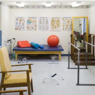 A physical therapy room equipped with an exercise ball, parallel bars, and other rehabilitation tools.
