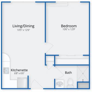 Floor plan of a one-bedroom apartment with a living/dining area, kitchenette, and bathroom.