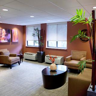 A modern waiting room featuring comfortable seating, decorative plants, and artwork on the walls.
