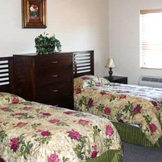 A bedroom with two twin beds featuring floral bedding, a dresser, and a lamp by the window.
