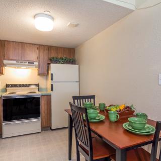 A cozy kitchen and dining area featuring a wooden dining table set with green tableware, alongside a stove and refrigerator.