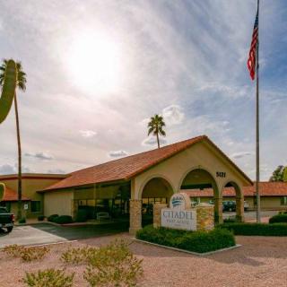 A sunny day at the entrance of a building with palm trees and a flag.