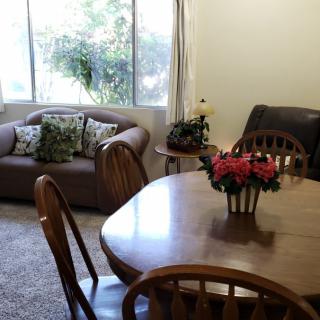 A cozy living and dining area with a wooden table and chairs, a sofa by the window, and a vase of flowers on the table.