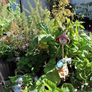 A vibrant garden filled with various plants and herbs, featuring a whimsical decoration.