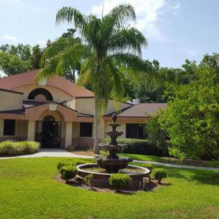 A beautiful house with a fountain and palm tree in the front yard on a sunny day.