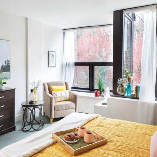 A bright and modern bedroom featuring stylish decor with large windows letting in natural light.