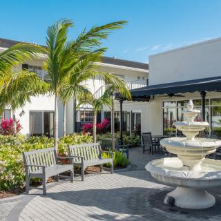 A scenic outdoor area featuring a fountain, palm trees, and benches in front of a modern building.