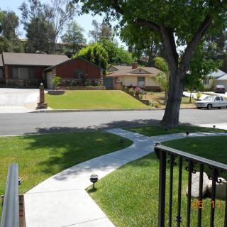 A suburban neighborhood view with a sidewalk leading to the street, surrounded by green lawns and trees.