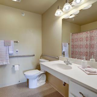 A clean and modern bathroom featuring a toilet, sink with mirror, and a decorative shower curtain.